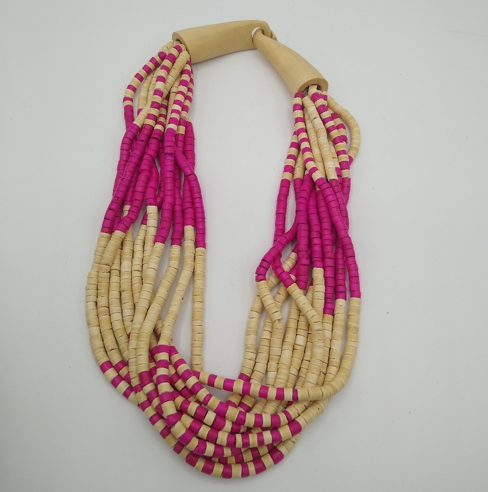 Pink & Cream Faux Bone Bead Multi-Strand Statement Choker Bib Necklace Vintage - Picture 2 of 9